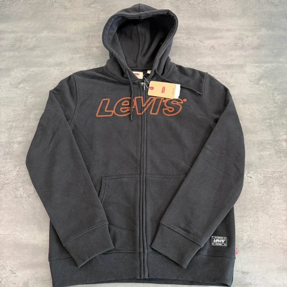 Levis Zip Hoodie Mens Medium Black Orange Embroidered Logo Fleece Sweatshirt